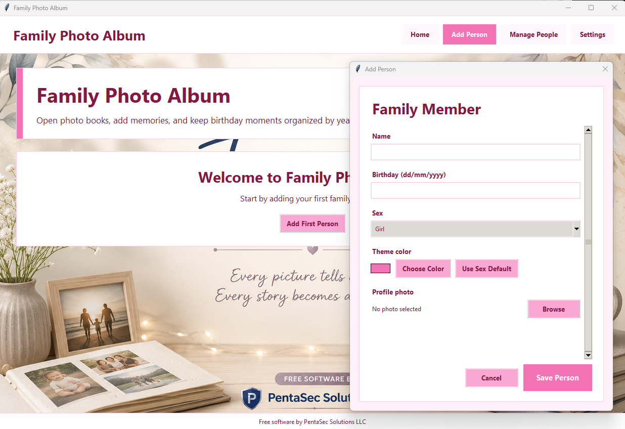 Family Photo Album app showing photo collection tools and album details.